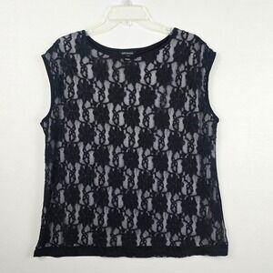 George Lace Front Lined Sleeveless Round Neck Women Top Black XL